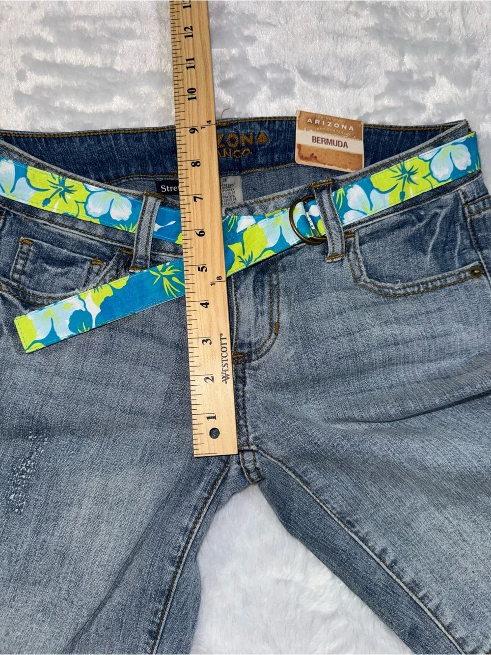 Arizona Jean Company Blue Denim Bermuda Shorts with Floral Belt
